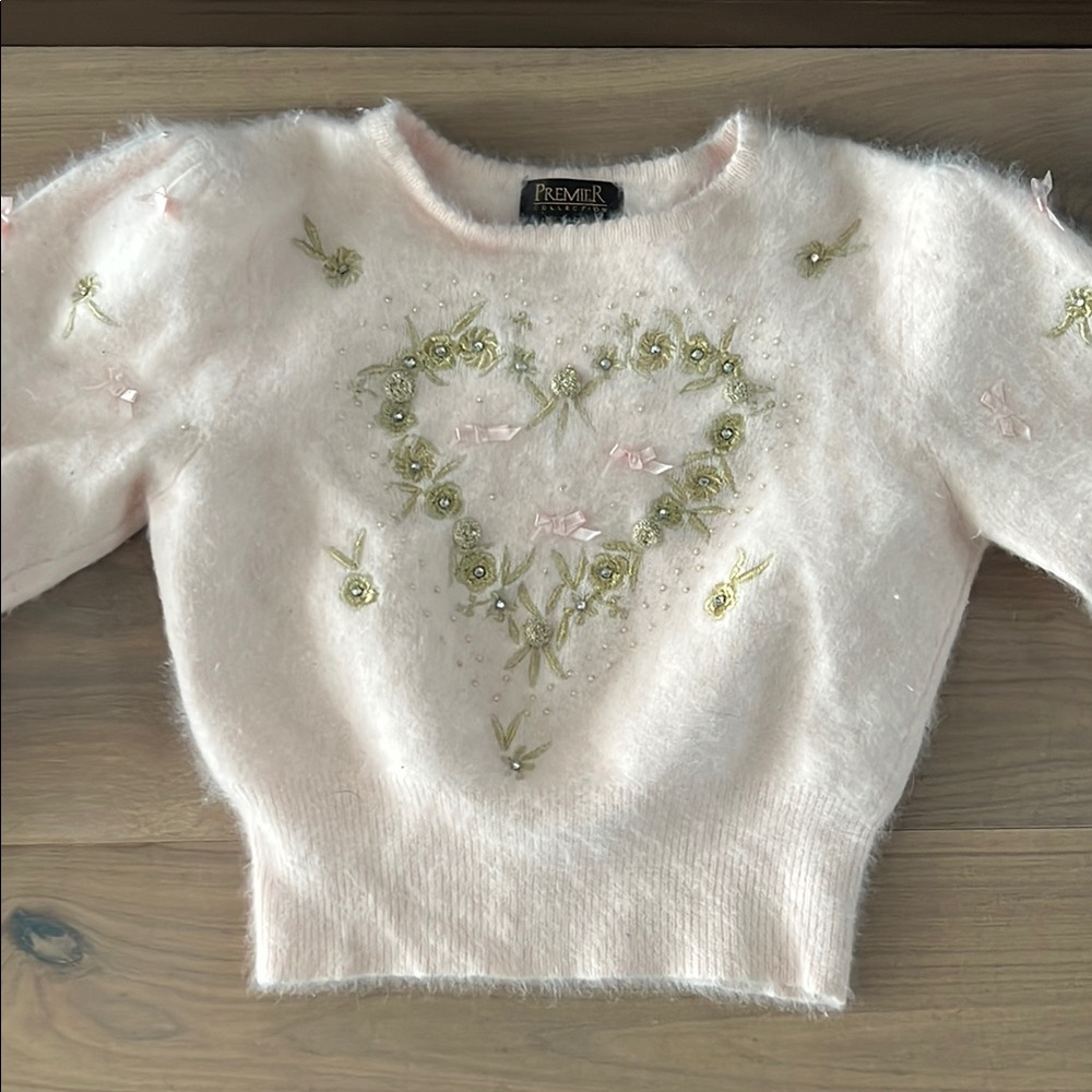 Pink Angora Sweater with Embroidered Heart and Bows